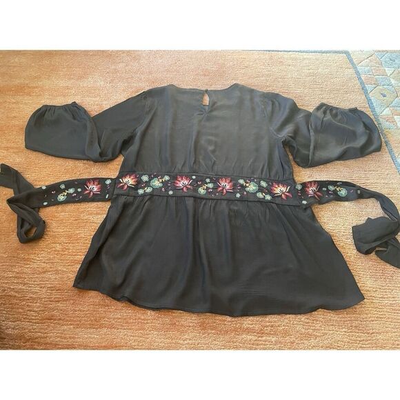 ODDY EMBROIDERED WAIST TIE CUPRO BLEND BLACK WOMEN LONG SLEEVE BLOUSE XL - Picture 7 of 7